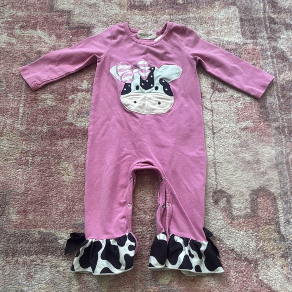Marie Nicole Clothing Pink Cow Print Ruffle Long Sleeve Cotton Romper 12-18M